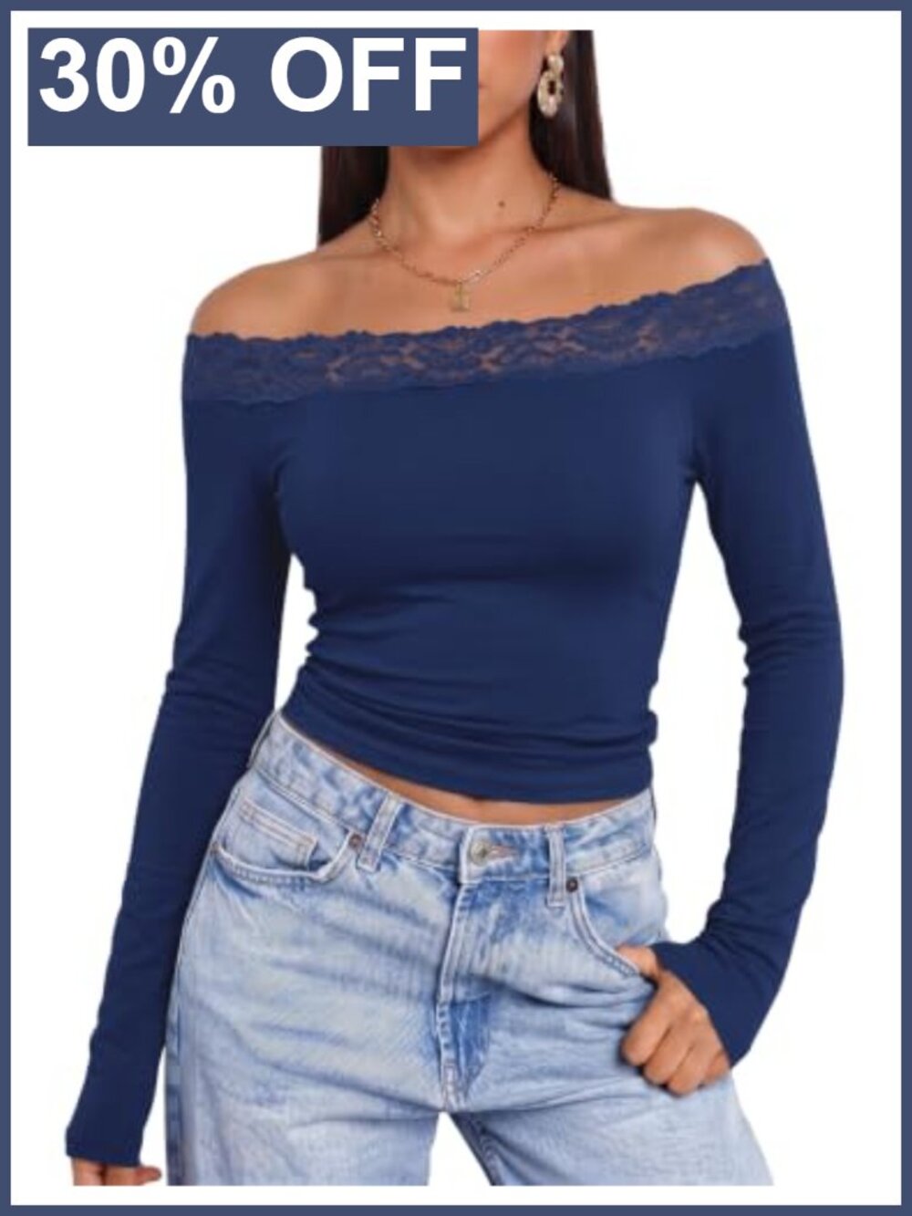 Off Shoulder Top with Lace Trim Long Sleeve Y2K Going Out Shirt